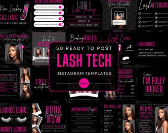 50 Plantillas de publicaciones de Instagram de Lash Tech en negro y rosa / Citas de pestañas / Publicaciones de pestañas / Marca de tecnología de pestañas / Plantillas Canva