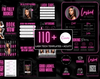 May include: A collection of 110+ pink neon lash tech templates and acuity booking templates for Canva. The templates feature a black background with pink neon text and graphics. The templates are designed for lash technicians and businesses.