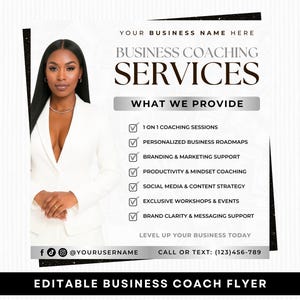 Flyer para Coach de Negócios, Serviços de Coaching Empresarial, Modelo Editável do Canva