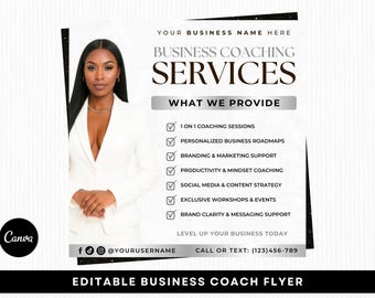 Folleto de Coach de Negocios, Servicios de Coaching Empresarial, Plantilla editable de Canva