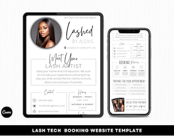 Strona internetowa do planowania wizyt Lash Tech Acuity, rezerwacja wizyt Lash Tech, edytowalny szablon Canva