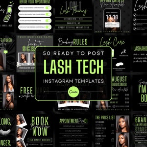 50 Black and Neon Green Lash Tech Instagram Post Templates | Lash Quotes | Lash Posts | Lash Tech Branding | Canva Templates