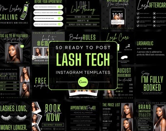 50 Plantillas de publicaciones de Instagram de Lash Tech en negro y verde neón / Citas de pestañas / Publicaciones de pestañas / Marca de tecnología de pestañas / Plantillas Canva