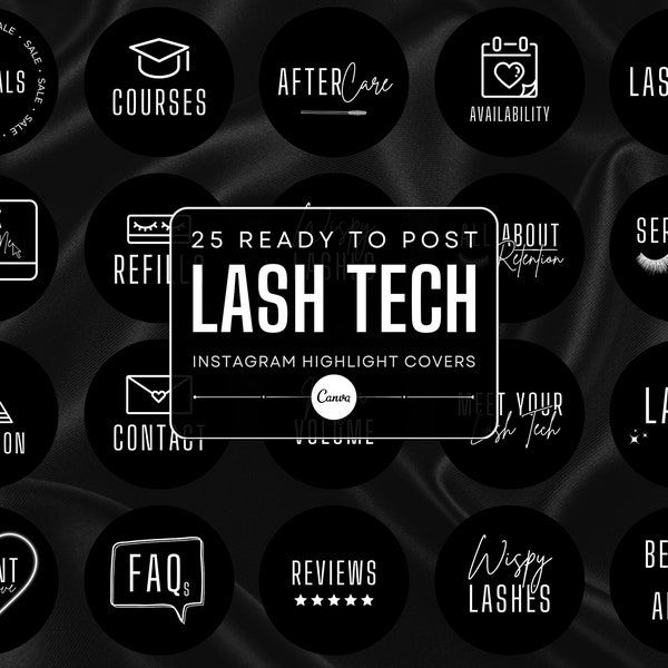 25 Lash Tech Instagram Highlight Cover Templates | Black and White Highlight Icons | Lash Tech Branding | Canva Templates