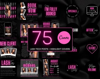 75 Lash Tech Instagram Post and Highlight Cover Templates | Lash Quotes | Lash Posts | Lash Tech Branding | Canva Templates | Black and Pink