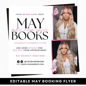 Puede incluir: Un folleto blanco con texto negro y rosa, que promociona las reservas de mayo. El folleto incluye el texto "MAY BOOKS are now open" y presenta dos imágenes de una mujer con cabello largo y rubio. El folleto también incluye redes sociales y un sitio web.