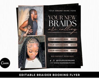 Braider Buchungsflyer, New Braids Calling Flyer, bearbeitbare Canva Vorlage