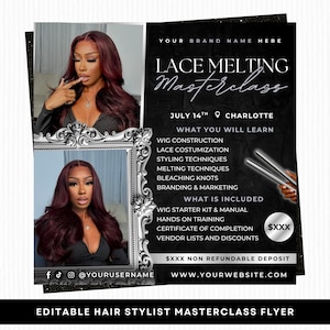 Puede incluir: Folleto en blanco y negro para una masterclass de estilista capilar. El folleto presenta dos fotos de una mujer con cabello color burdeos. El texto incluye "Lace Melting Masterclass", la fecha, el lugar y temas como la construcción de pelucas y el peinado.