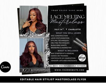 Wig Install Masterclass Flyer, Lace Melting Masterclass, Hair Stylist Training Flyer, Editable Canva Template
