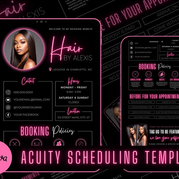 Hair Stylist Acuity Scheduling Template | Hair Stylist Branding | Hair Stylist Website | Canva Templates | Black and Pink Acuity