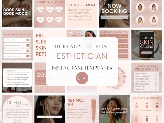 30 Esthetician Instagram Post Templates | Skincare Quotes | Skincare Posts | Esthetician Branding | Canva Templates