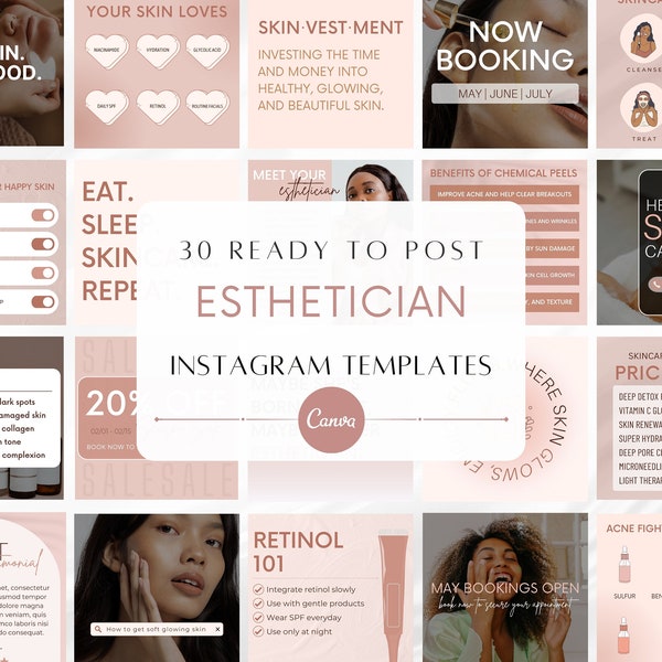 30 Esthetician Instagram Post Templates | Skincare Quotes | Skincare Posts | Esthetician Branding | Canva Templates