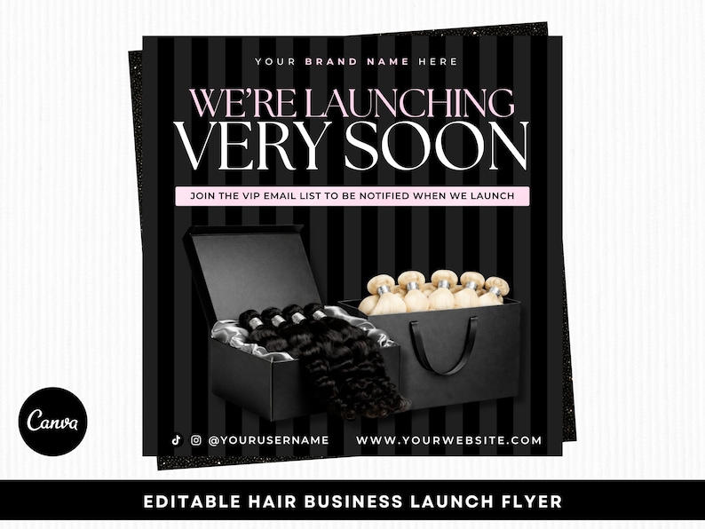 Puede incluir: Folleto en blanco y negro con el texto "WE'RE LAUNCHING VERY SOON". El folleto incluye una caja negra con extensiones de cabello. Tambi&eacute;n es visible el texto "JOIN THE VIP EMAIL LIST TO BE NOTIFIED WHEN WE LAUNCH". El folleto es para un negocio de peluquer&iacute;a.