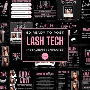 50 Black and Light Pink Lash Tech Instagram Post Templates | Lash Quotes | Lash Posts | Lash Tech Branding | Canva Templates