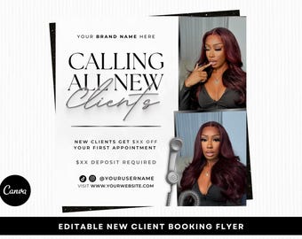Bokningsflyer för nya kunder, Vi söker nya kunder, hårstylist, fransteknik, nagelteknik, manuell ansiktsbehandling, redigerbar Canva-mall