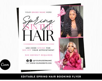 Spring Hair Booking Flyer, Spring is in the Hair, Editable Canva Template
