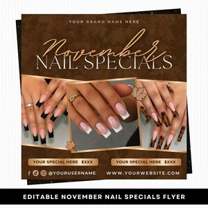 Könnte beinhalten: Werbeflyer für Nagelangebote im November, mit Bildern von manikürten Nägeln in verschiedenen Designs. Der Flyer hat ein braunes und goldenes Farbschema mit dem Text "November Nail Specials" und "Your Brand Name Here."