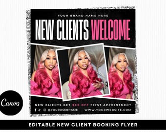 New Clients Welcome Flyer, New Clients Wanted, New Client Specials, Hair Stylist, MUA, Lash Tech, Nail Tech, Editable Canva Template