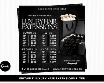 Puede incluir: Folleto negro que promociona extensiones de cabello de lujo. Enumera paquetes, pelucas, frontales y cierres. Se muestra una bolsa de regalo negra con extensiones de cabello. El texto incluye "Shop High Quality Raw" y "Editable Luxury Hair Extensions Flyer".