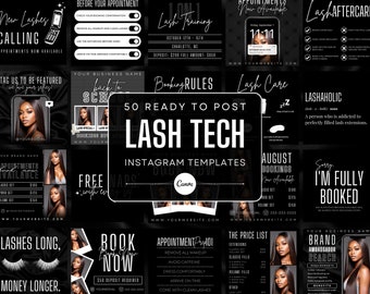 50 Plantillas de publicaciones de Instagram de Lash Tech en blanco y negro / Citas de pestañas / Publicaciones de pestañas / Marca de tecnología de pestañas / Plantillas Canva