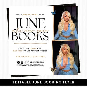 Puede incluir: Un folleto promocional con el texto "JUNE BOOKS are now open" en negro y dorado. El folleto incluye dos imágenes de una mujer con cabello rubio que lleva una blusa de mezclilla. El folleto también incluye identificadores de redes sociales e información del sitio web.