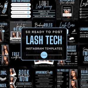 50 Black and Ice Blue Lash Tech Instagram Post Templates | Lash Zitate | Lash Posts | Lash Tech Branding | Canva Templates
