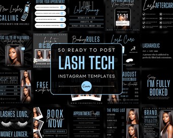 50 Plantillas de publicaciones de Instagram de Lash Tech en negro y azul hielo / Citas de pestañas / Publicaciones de pestañas / Marca de tecnología de pestañas / Plantillas Canva