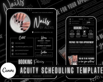 Nail Tech Acuity Scheduling Template | Nail Tech Branding | Nail Tech Website | Canva Templates | Black and White Acuity