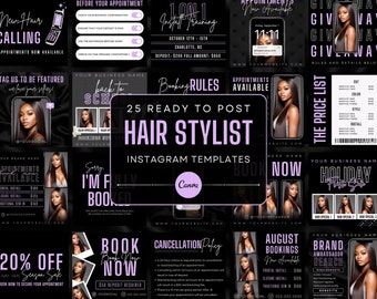 25 Black and Lavender Hair Stylist Instagram Post Templates | Hair Posts | Hair Stylist Branding | Canva Templates