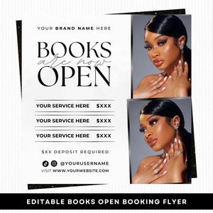 Puede incluir: Un folleto en blanco y negro con el texto "BOOKS are now OPEN". El folleto incluye dos imágenes de una mujer con cabello oscuro y maquillaje. El folleto también incluye el texto "YOUR SERVICE HERE" y redes sociales.