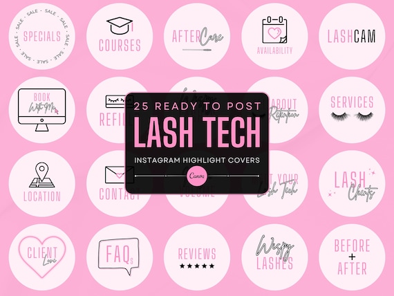 25 Lash Tech Instagram Highlight Cover Templates | Light Pink Highlight Icons | Lash Tech Branding | Canva Templates