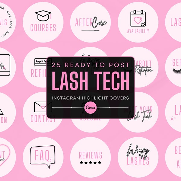 25 Lash Tech Instagram Highlight-Cover-Vorlagen | Hellrosa Highlight Icons | Lash Tech Branding | Canva Vorlagen