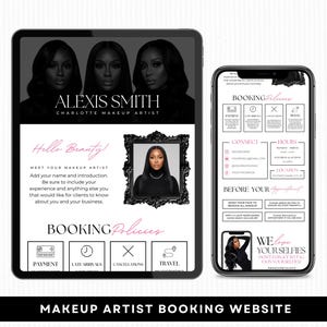 Peut inclure: Maquette numérique d'un site web de réservation de maquillage affichée sur une tablette et un smartphone. Le site web présente un design noir et blanc avec le nom "ALEXIS SMITH" et des conditions de réservation. Le texte "Hello Beauty!" est également visible.