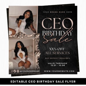 May include: Black and gold CEO Birthday Sale flyer with a photo of a woman in a white dress. The flyer includes the text "CEO BIRTHDAY Sale" and "XX% OFF ALL SERVICES". The flyer is valid from 10.01 to 10.08.