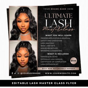 Puede incluir: Folleto negro y dorado para una clase magistral de pestañas. El folleto presenta dos imágenes de una persona con cabello negro largo y ondulado y pestañas completas. El texto incluye "Ultimate Lash Masterclass" y detalles del curso.