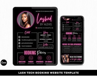 Lash Tech Acuity Scheduling Website, Pink Lash Tech Booking Site, Editable Canva Template