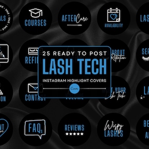 May include: A collection of 25 Instagram highlight covers for lash technicians. Each black circle features a white icon and text, such as "Specials," "Courses," and "Services," with blue accents. The words "Lash Tech" are prominently displayed.