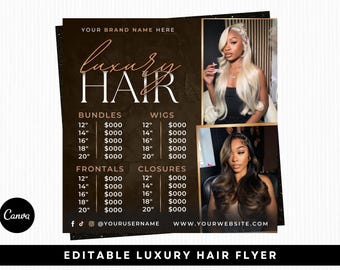 Puede incluir: Un anuncio de extensiones de cabello de lujo. El folleto presenta las palabras "Luxury Hair" en una fuente elegante, una lista de precios para mechones, pelucas, frontales y cierres, y dos imágenes de mujeres con cabello largo. El folleto es marrón oscuro con detalles dorados.
