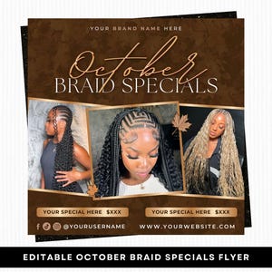 Op de afbeelding: Een bruine promotieflyer met de titel October Braid Specials met drie foto's van gevlochten kapsels. Het ontwerp bevat tijdelijke aanduidingen voor merknaam, sociale media, website en prijzen, geaccentueerd met kleine esdoornbladpictogrammen.