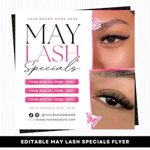 K&ouml;nnte beinhalten: Werbeflyer f&uuml;r "MAY LASH Specials" mit dem Text "MAY LASH Specials" in Schwarz und Pink. Der Flyer enth&auml;lt Bilder von Augen mit langen Wimpern und Schmetterlingen. Der Flyer enth&auml;lt auch den Text "YOUR SPECIAL HERE".