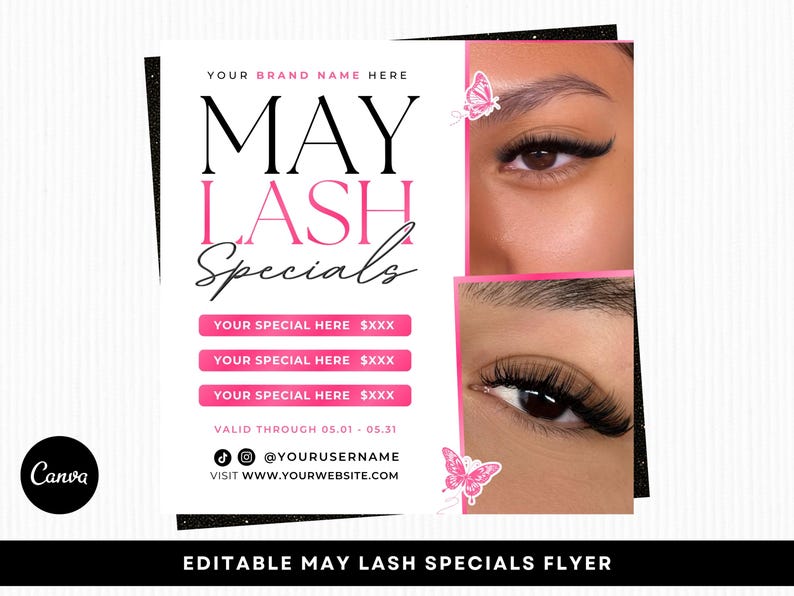 K&ouml;nnte beinhalten: Werbeflyer f&uuml;r "MAY LASH Specials" mit dem Text "MAY LASH Specials" in Schwarz und Pink. Der Flyer enth&auml;lt Bilder von Augen mit langen Wimpern und Schmetterlingen. Der Flyer enth&auml;lt auch den Text "YOUR SPECIAL HERE".