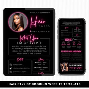 May include: A digital template for a hair stylist's booking website, shown on a tablet and smartphone. The design uses a black background with pink accents, including the text "Hair by Alexis" and a photo of a woman. The template includes sections for contact details, opening hours, and booking policies.