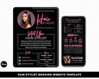 Hair Stylist Acuity Scheduling Template | Hair Stylist Branding | Hair Stylist Website | Canva Templates | Black and Pink Acuity