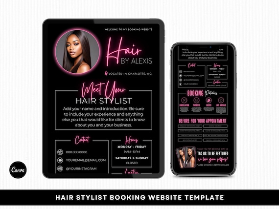 Hair Stylist Acuity Scheduling Template | Hair Stylist Branding | Hair Stylist Website | Canva Templates | Black and Pink Acuity
