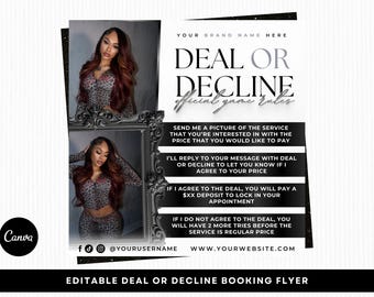 Deal or Decline Booking Flyer, Booking Specials Flyer, Hair Stylist, Lash Tech, Nail Tech, Hair Stylist, Editable Canva Template