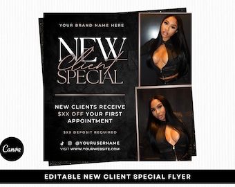 New Client Special Flyer, New Client Booking Flyer, Hair Stylist, Lash Tech, Nail Tech, MUA, Editable Canva Template