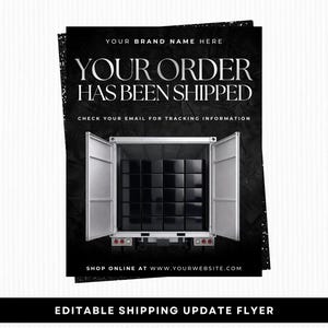 May include: Black and white shipping update flyer with the text "YOUR ORDER HAS BEEN SHIPPED". The image shows a truck with open doors filled with black boxes. Includes the text "CHECK YOUR EMAIL FOR TRACKING INFORMATION".