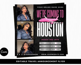 Houston Travel Booking Flyer, Travel Announcement, Editable Canva Template