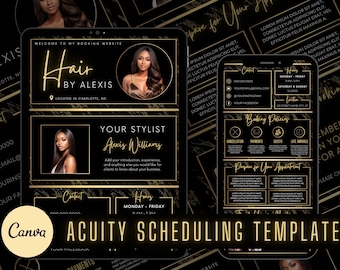 Hair Stylist Acuity Scheduling Template | Hair Stylist Branding | Hair Stylist Website | Canva Templates | Black and Gold Marble Acuity |
