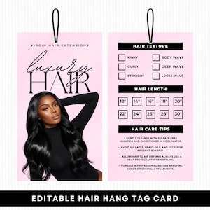 Peut inclure: Une étiquette rose pour cheveux avec les mots "Luxury Hair" et "Virgin Hair Extensions". L'étiquette comprend des options pour la texture et la longueur des cheveux, avec des conseils d'entretien. Une femme aux longs cheveux noirs est présentée.